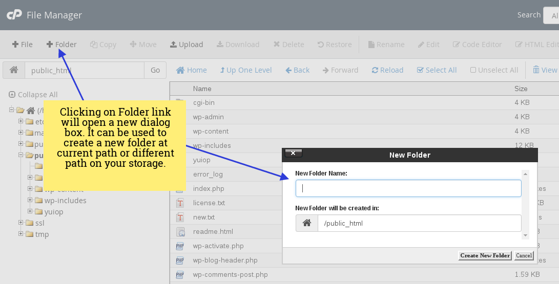 Create a new Folder using File Manager using CPanel.