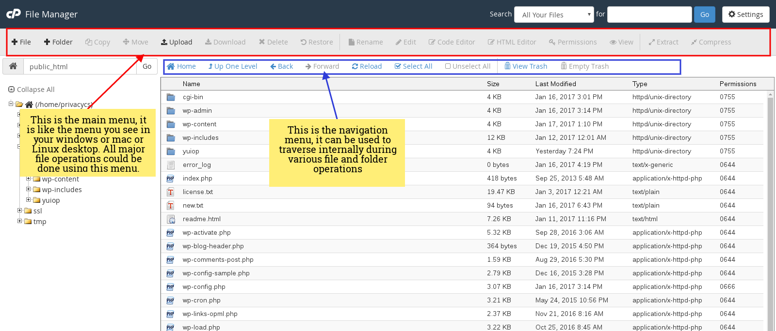 File Manager Navigation and Operations Menu in CPanel